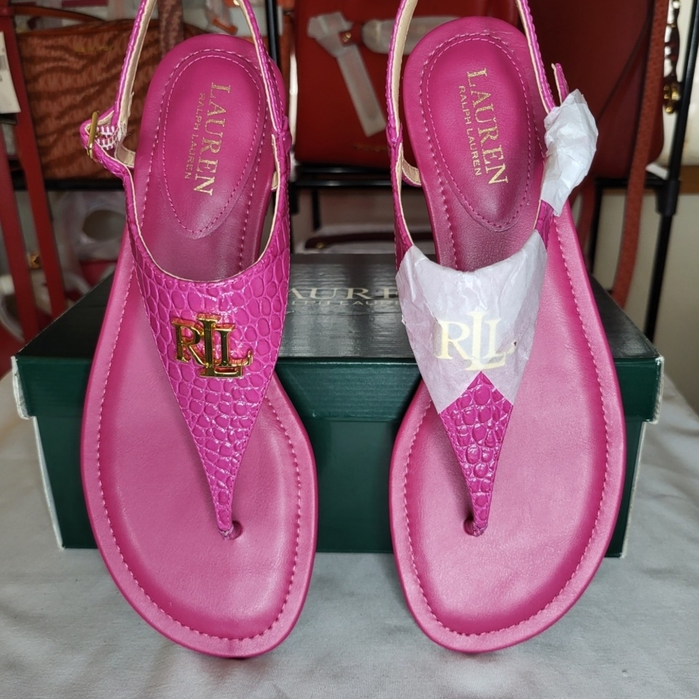 Lauren Ralph Lauren Ellington Soft Mini Croc Leather Sandal In Fuchsia Size 7.5B